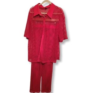 Neon Pink Mesh Two-piece Pant Shirt Set